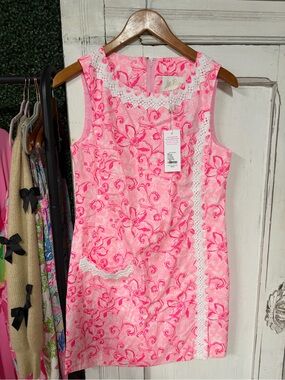 Lilly Pulitzer Pink Flamingo Garden Floral Shift Romper with White Lace NWT